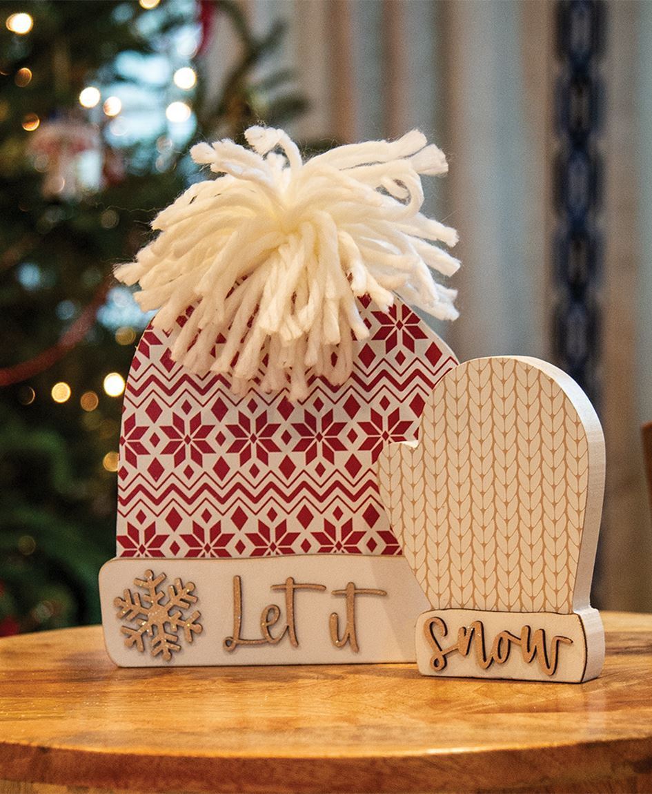 Let It Snow Wooden Hat & Mitten Sitters – Set of 2