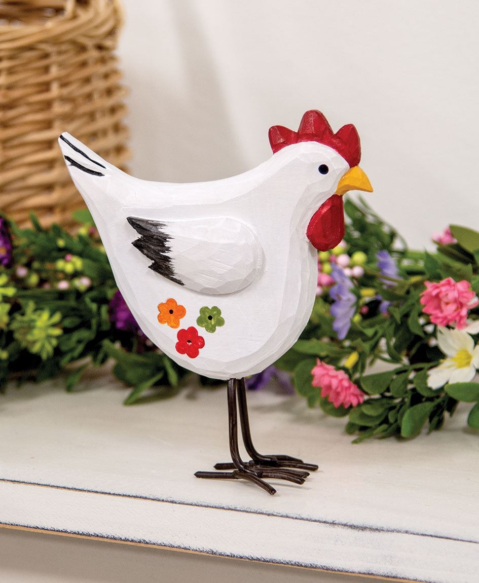 Standing Wooden Chicken with Hand-painted Flowers