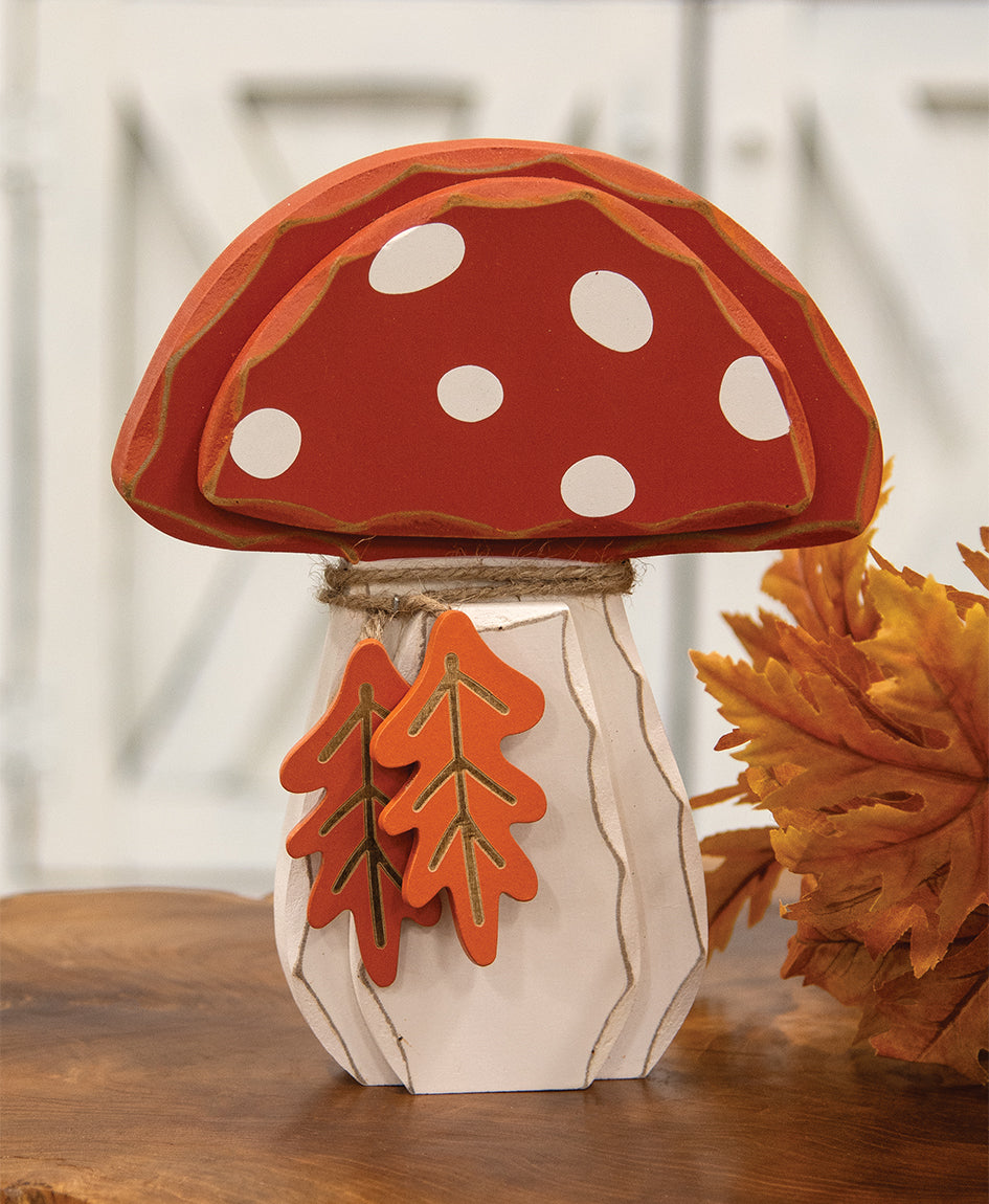 Distressed Chunky Wooden Mushroom w/Leaves Sitter