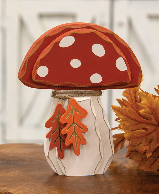 Distressed Chunky Wooden Mushroom w/Leaves Sitter – Fall Collection