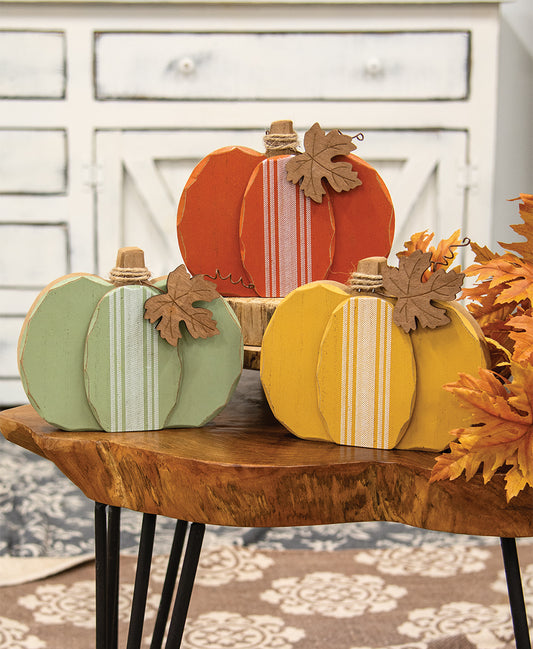 Distressed Chunky Wooden Feed Sack Stripe Pumpkin w/Leaves Sitter – 3 Assorted
