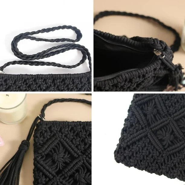 Cotton Macrame Purse Bag | Hand-Woven Knitted Crossbody Shoulder Strap Zipper | Cute Fringe Boho Coin | Black