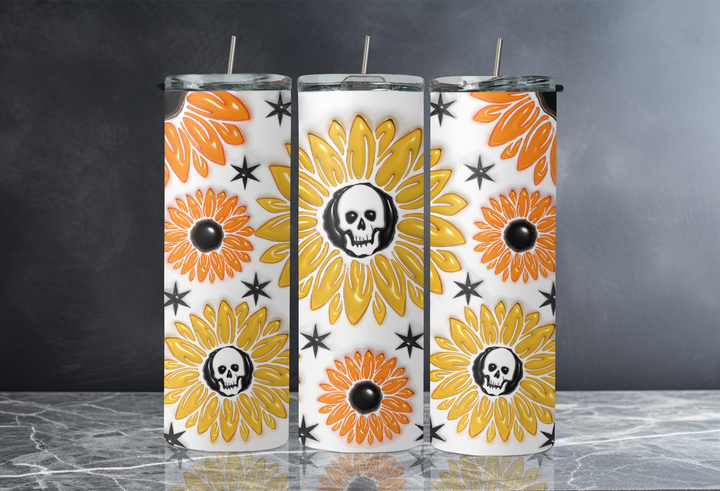 20 oz Skinny Tumbler - Skulls and Flowers - Inflated