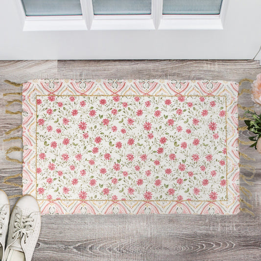 Pink Florals Cotton & Chenille Rug – Garden Collection 34" x 20" Indoor/Outdoor Accent Mat