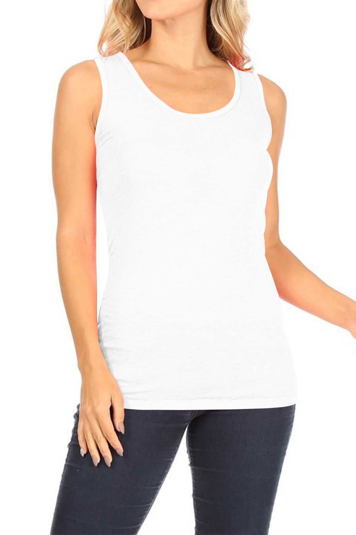 Solid Fitted Tank Top – Scoop Neckline - White