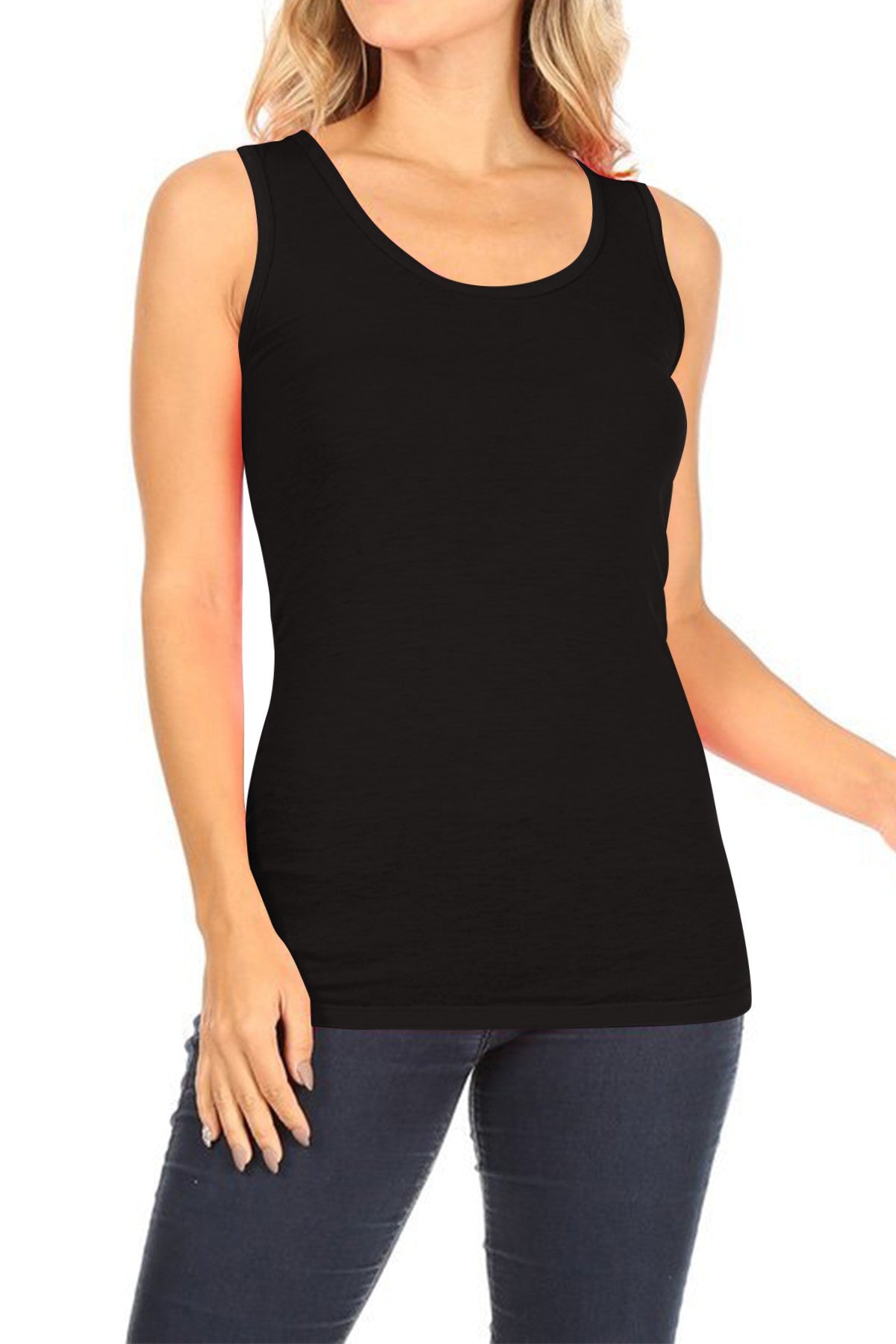 Solid Fitted Tank Top – Scoop Neckline - Black