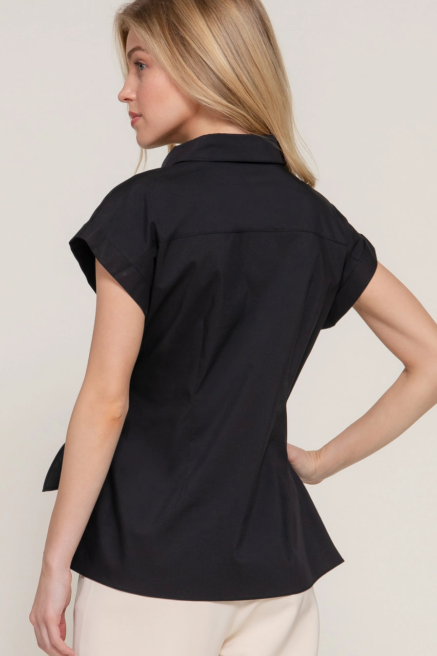 Short Dolman Sleeve Button Down Side Knot Poplin Shirt