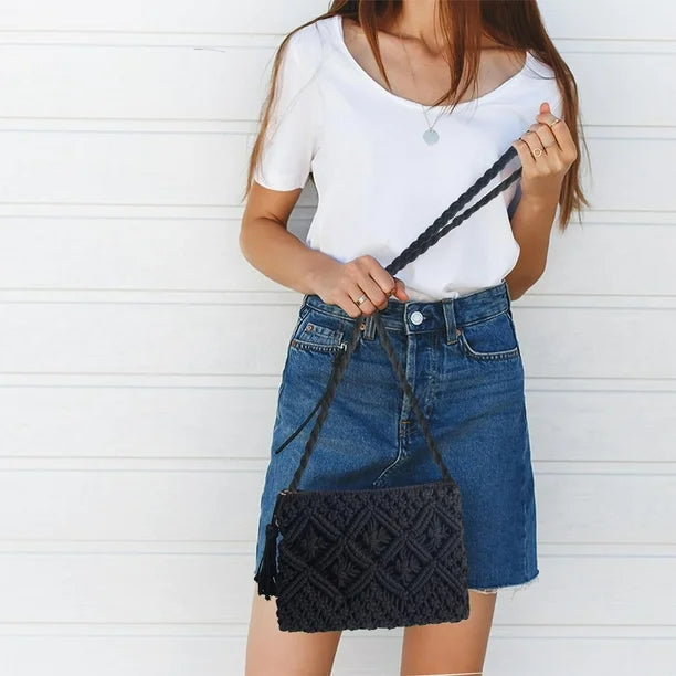 Cotton Macrame Purse Bag | Hand-Woven Knitted Crossbody Shoulder Strap Zipper | Cute Fringe Boho Coin | Black