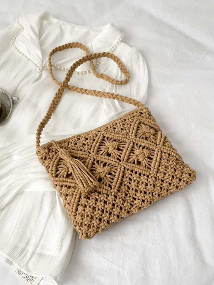 Cotton Macrame Purse Bag | Hand-Woven Knitted Crossbody Shoulder Strap Zipper | Cute Fringe Boho Coin | Light Coffee