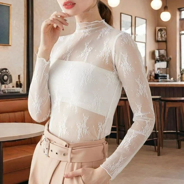 Sheer Lace High-Neck Top – White