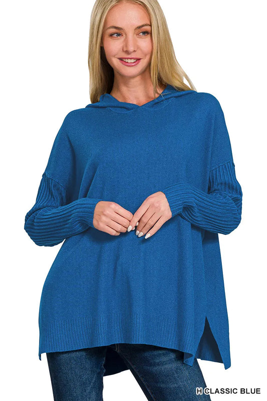 Zenana Viscose Drawstring Hoodie with Ribbed Sleeves – Blue - Large/X-Large
