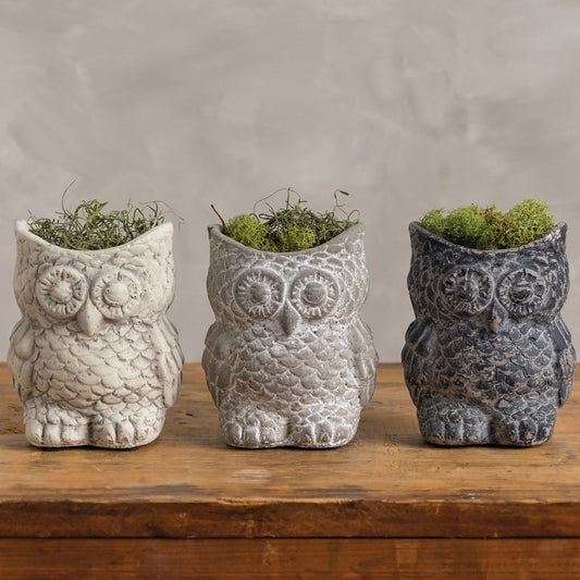 Cement Owl Planter – Indoor & Outdoor Garden Decor - Light Gray