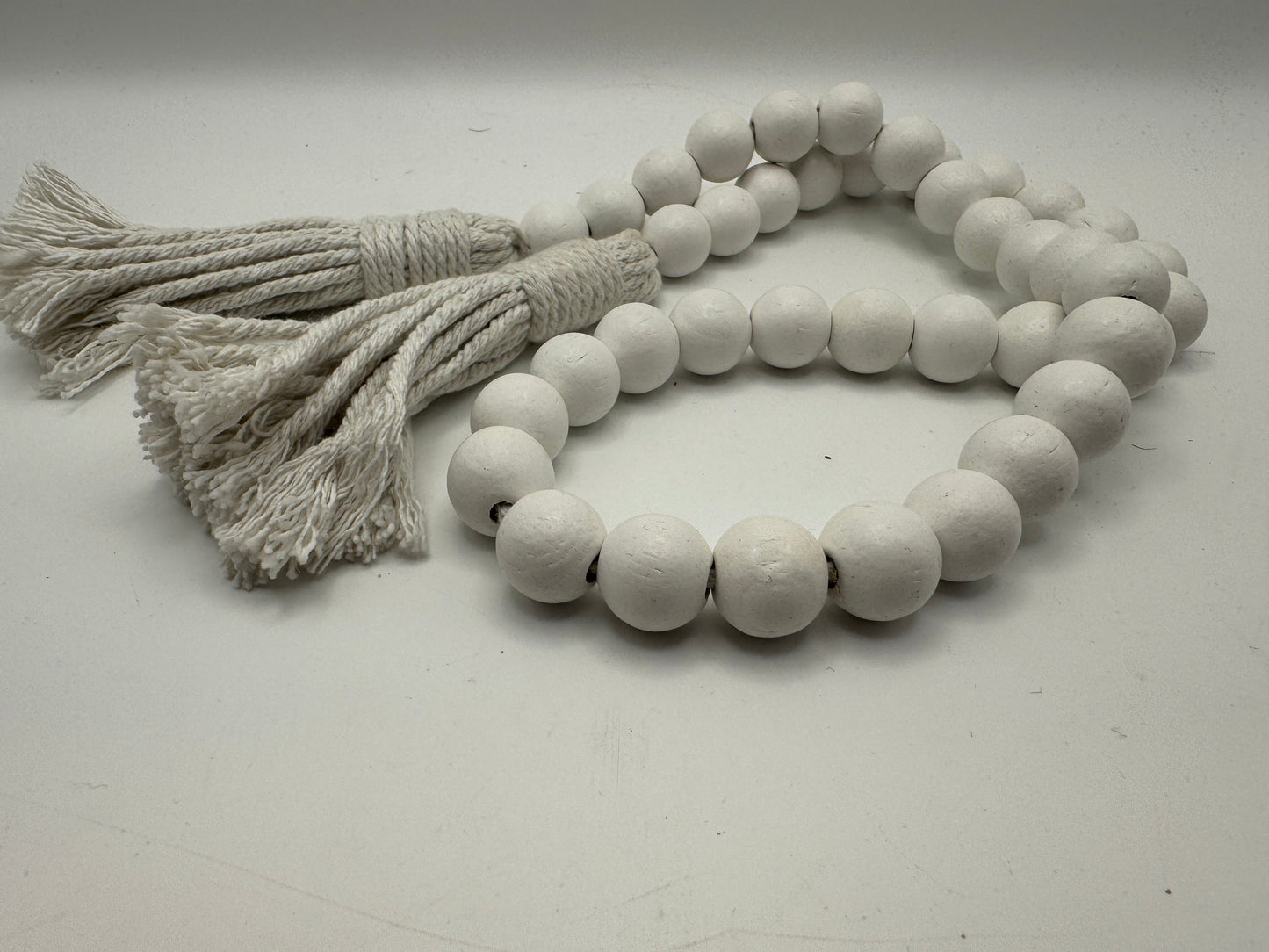 White Wood Bead Garland with Tassels – Farmhouse Decor (2.75 ft)