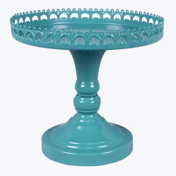 Teal Metal Pedestal Tray with Crochet Trim
