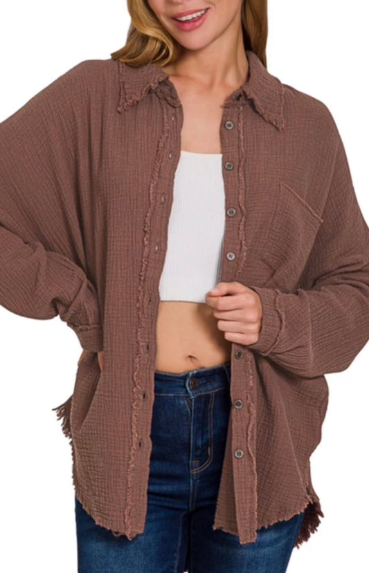 Double Gauze Oversized Raw Edge Button-Up Shirt - Brown XL