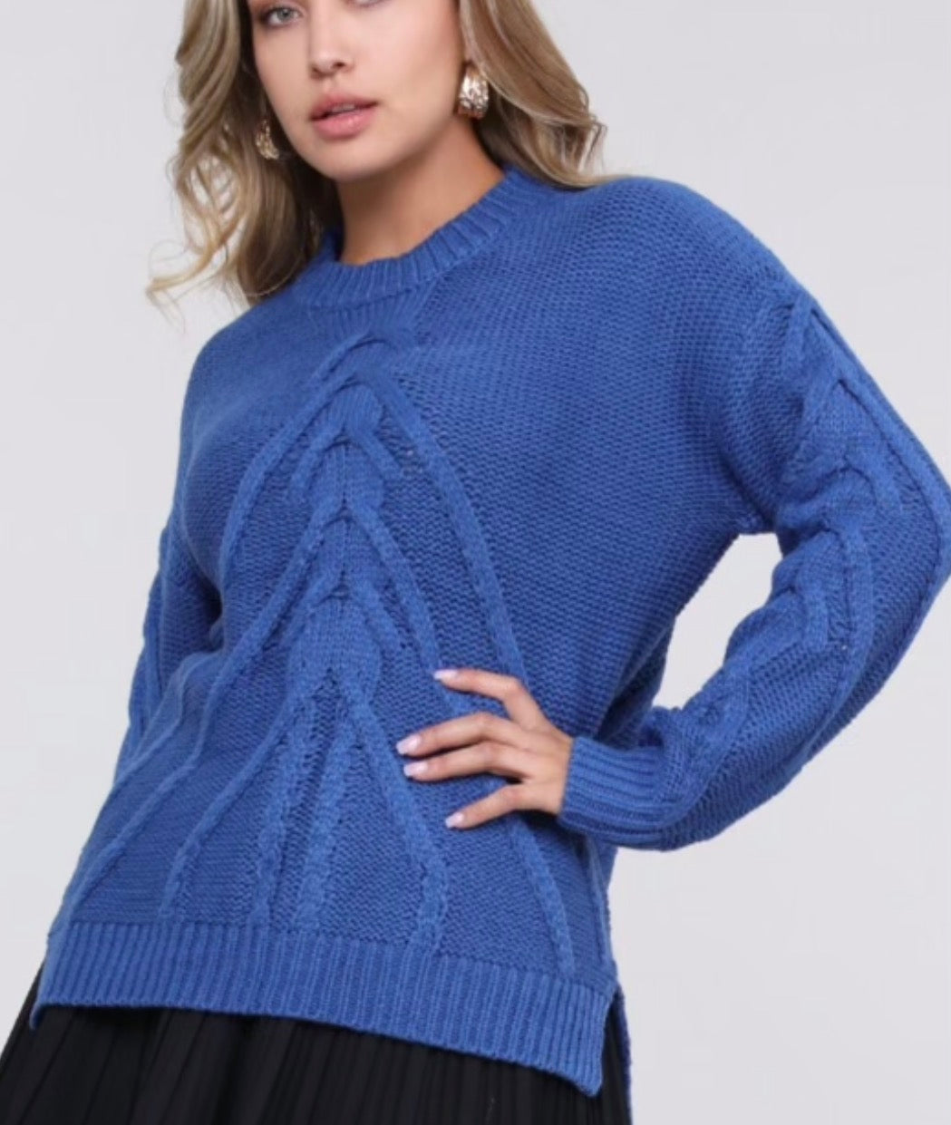 Women’s Cable Embellished Knit Sweater Top – Blue - Large