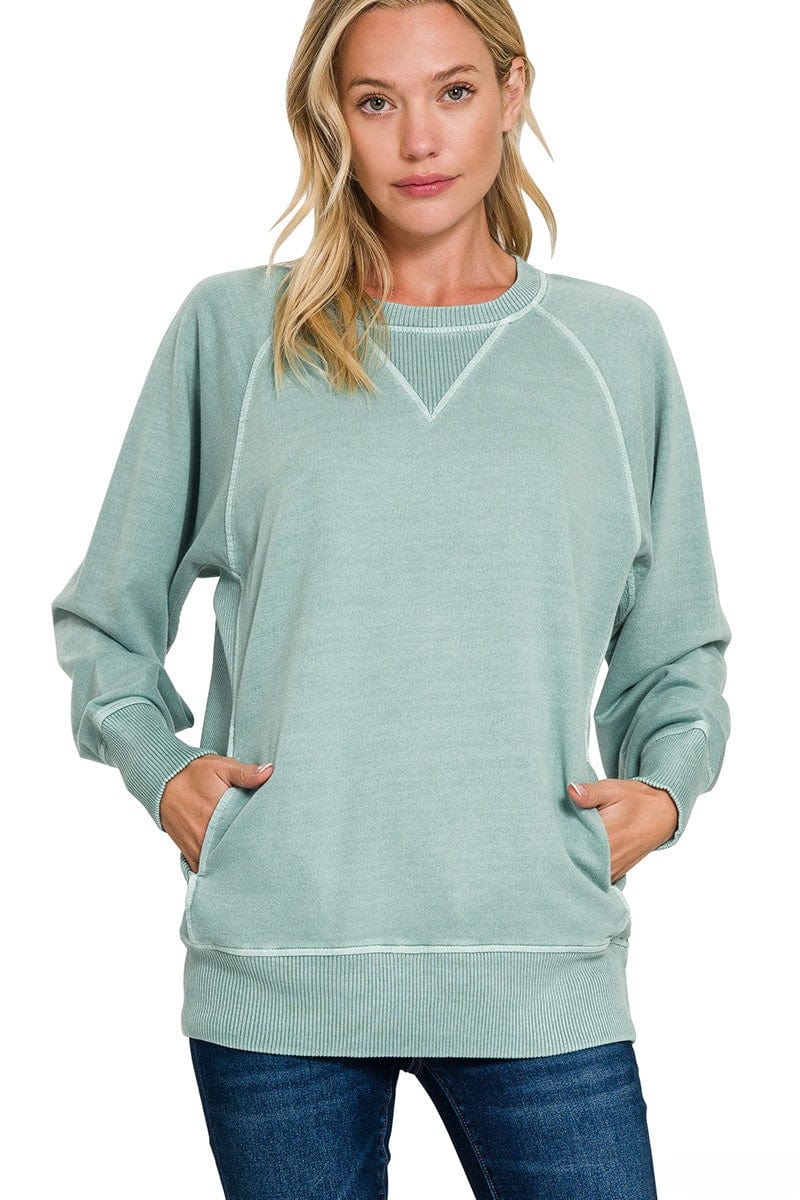 Zenana Pigment Dyed French Terry Pullover with Pockets - Ash Blue - X-Large