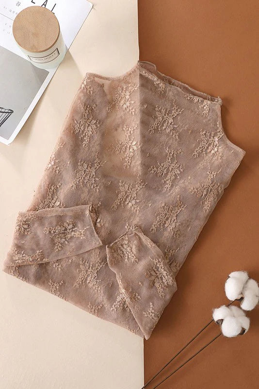 Sheer Lace High-Neck Top – Coffee