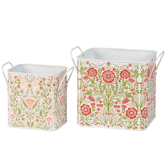 Botanical Folk Art Metal Storage Bin Small 7.25" x 6.25" x 4.75"