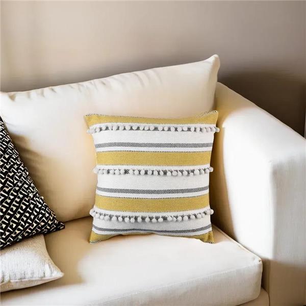 Handwoven Cotton Pillow with Gold Poms