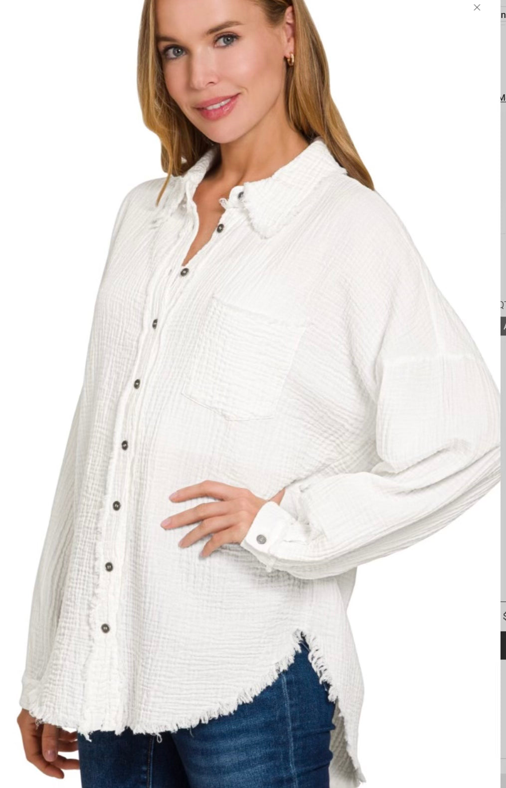 Double Gauze Oversized Raw Edge Button-Up Shirt - Medium White