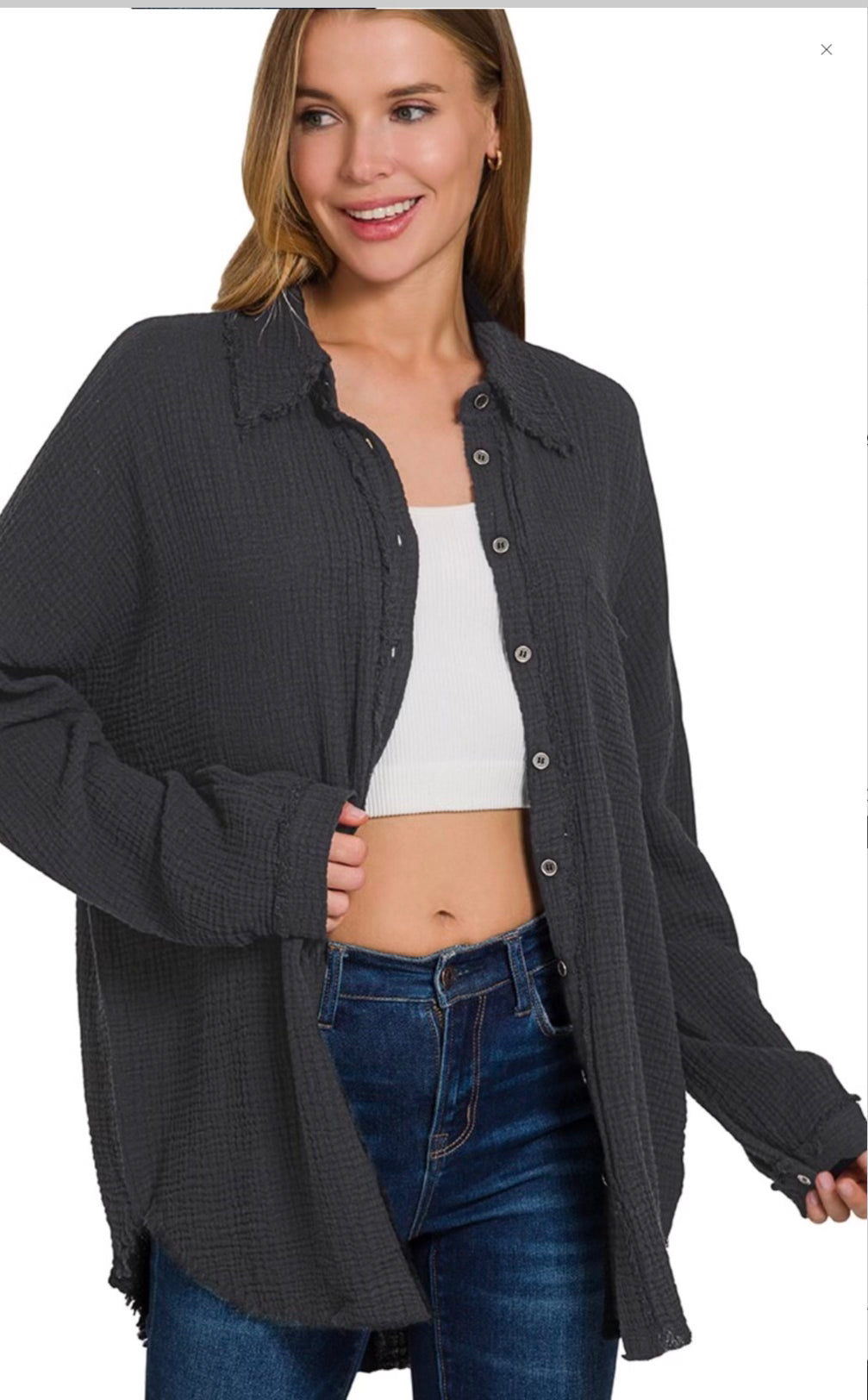 Double Gauze Oversized Raw Edge Button-Up Shirt - Black X-Large