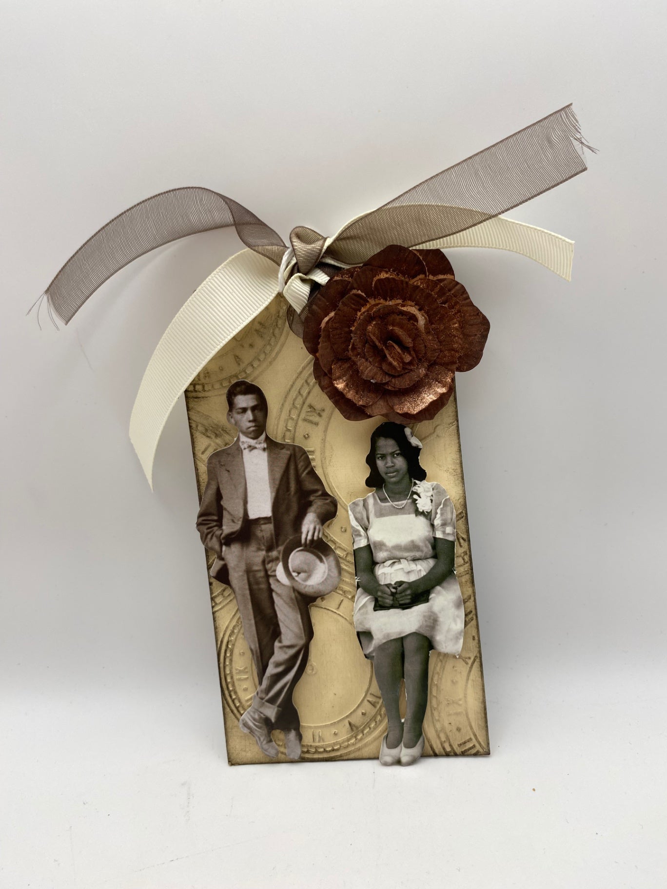 Handmade Vintage tag - Beige, Brown, White, Black - 6.5" x 3"