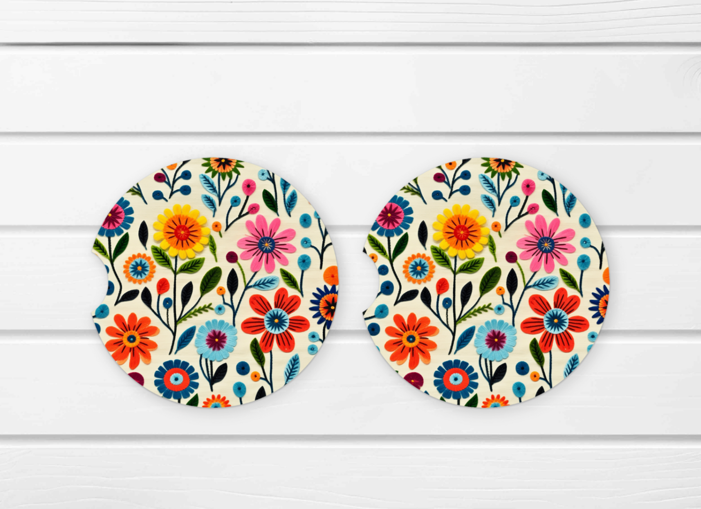 Ceramic Car Coaster Set - (E1D) Floral