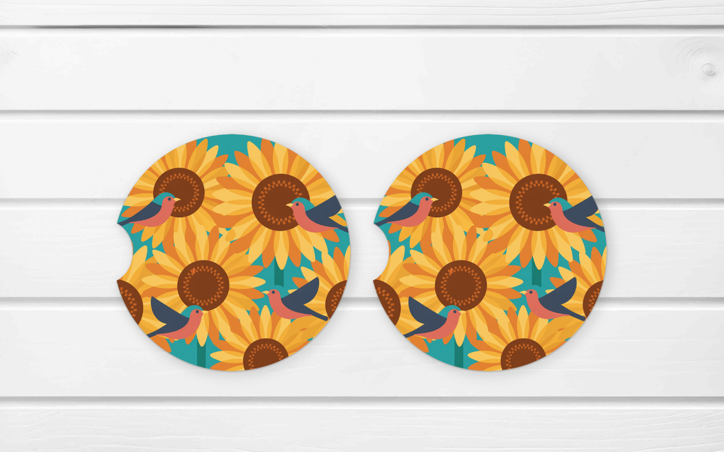 Ceramic Car Coaster Set - (E52D) Sunflower Turquoise