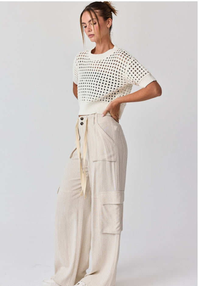 High rise linen cargo Risen Pants - Taupe - Medium