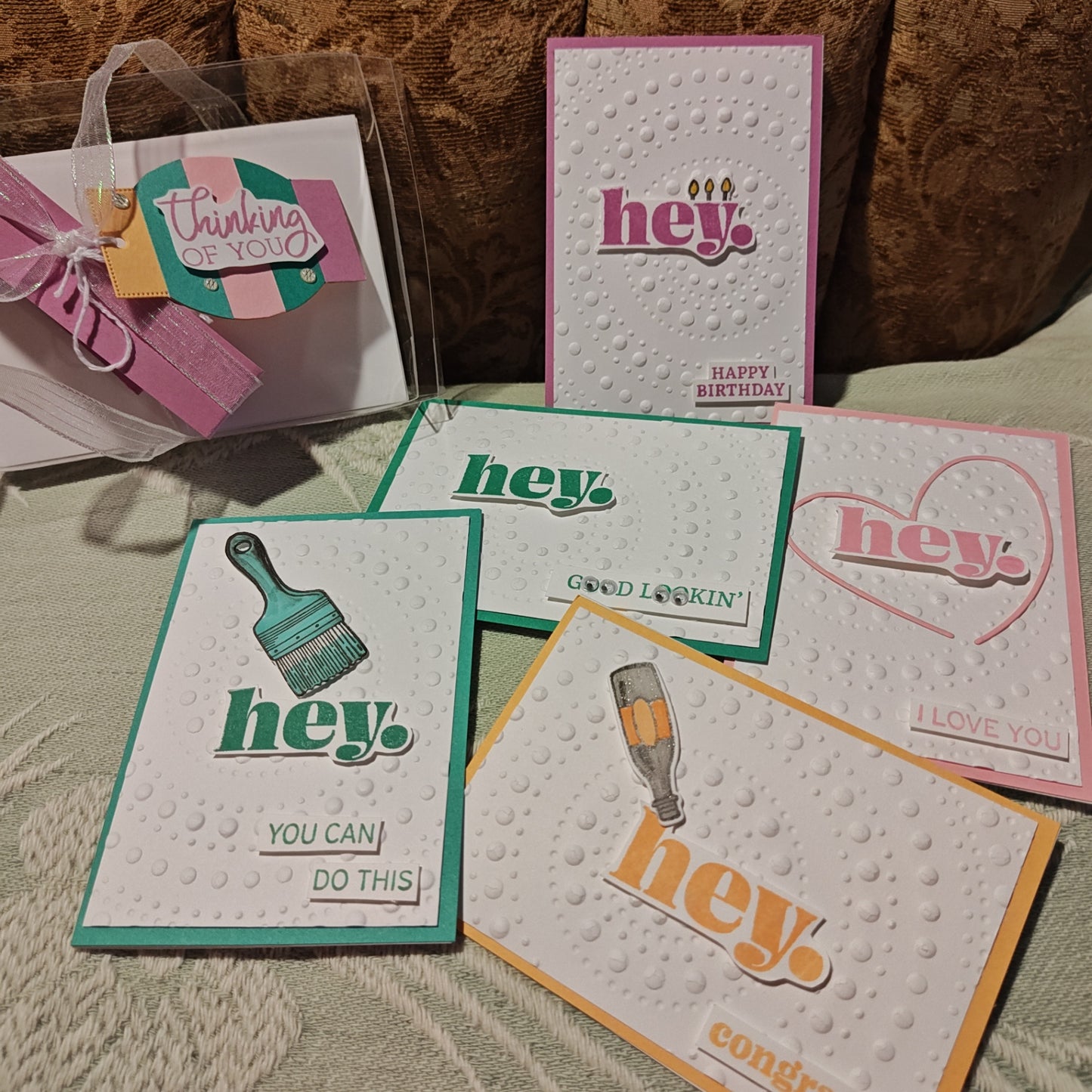 Handmade Card Set - White, Pink, Green, Orange - 5"x3.5"