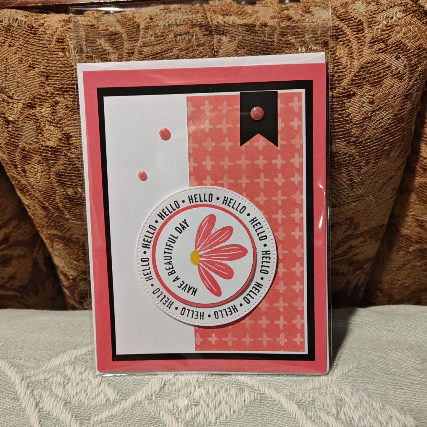 Handmade Greeting Card - Pink, White, Black, Yellow - Standard