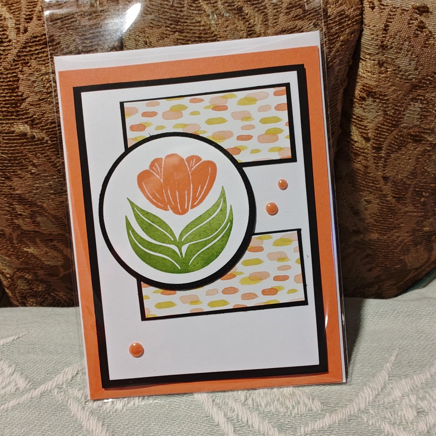 Handmade Greeting Card - Orange, White, Green, Black - Standard card size