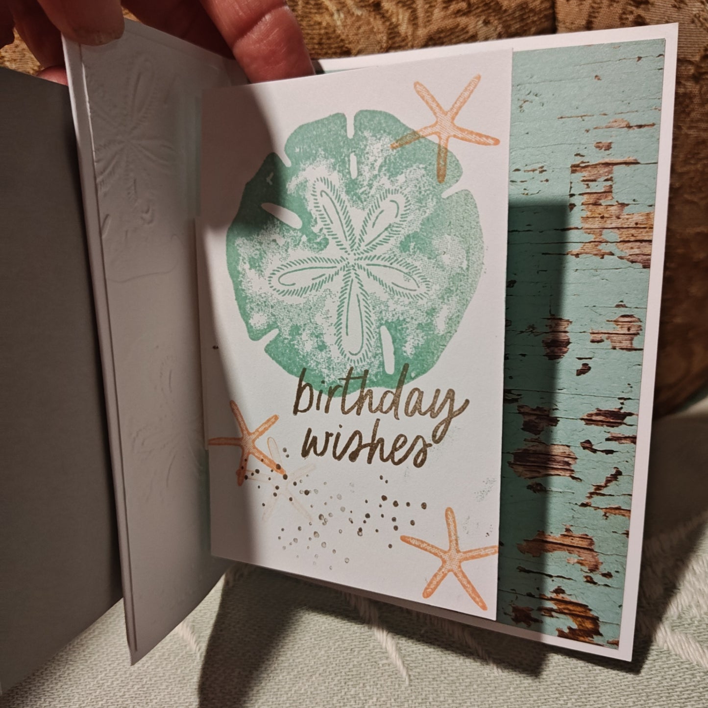 Handmade Greeting Card - White, Mint, Beige, Peach - Tri Fold