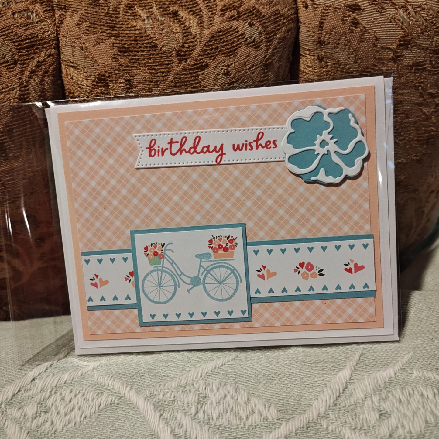 Handmade Greeting Card - Light Blue, Peach, White, Red, Black - Standard