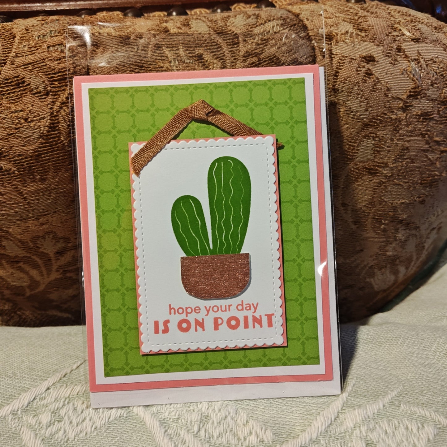 Handmade Greeting Card - White, Green, Copper, Pink - Standard Card