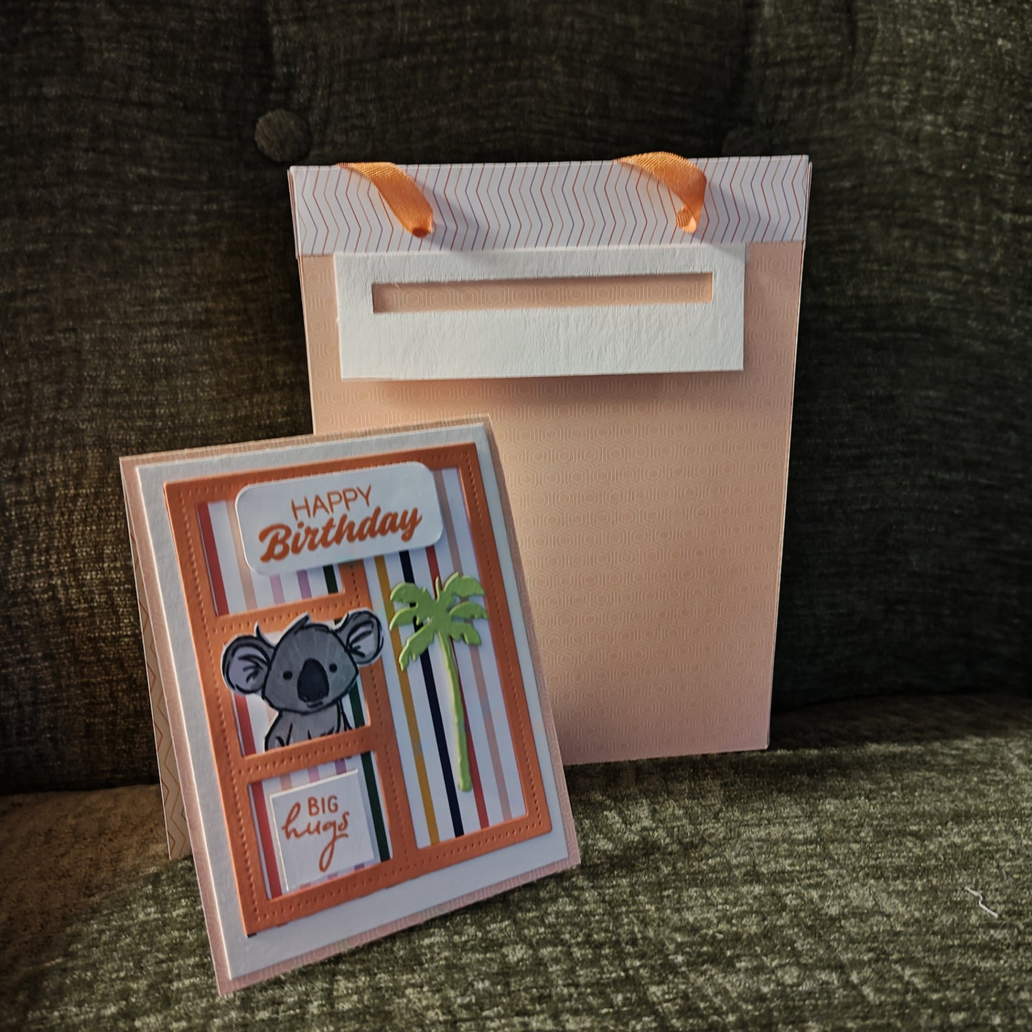 Handmade Gift Bag with Card - Pink/Orange - 8"x6"x3"