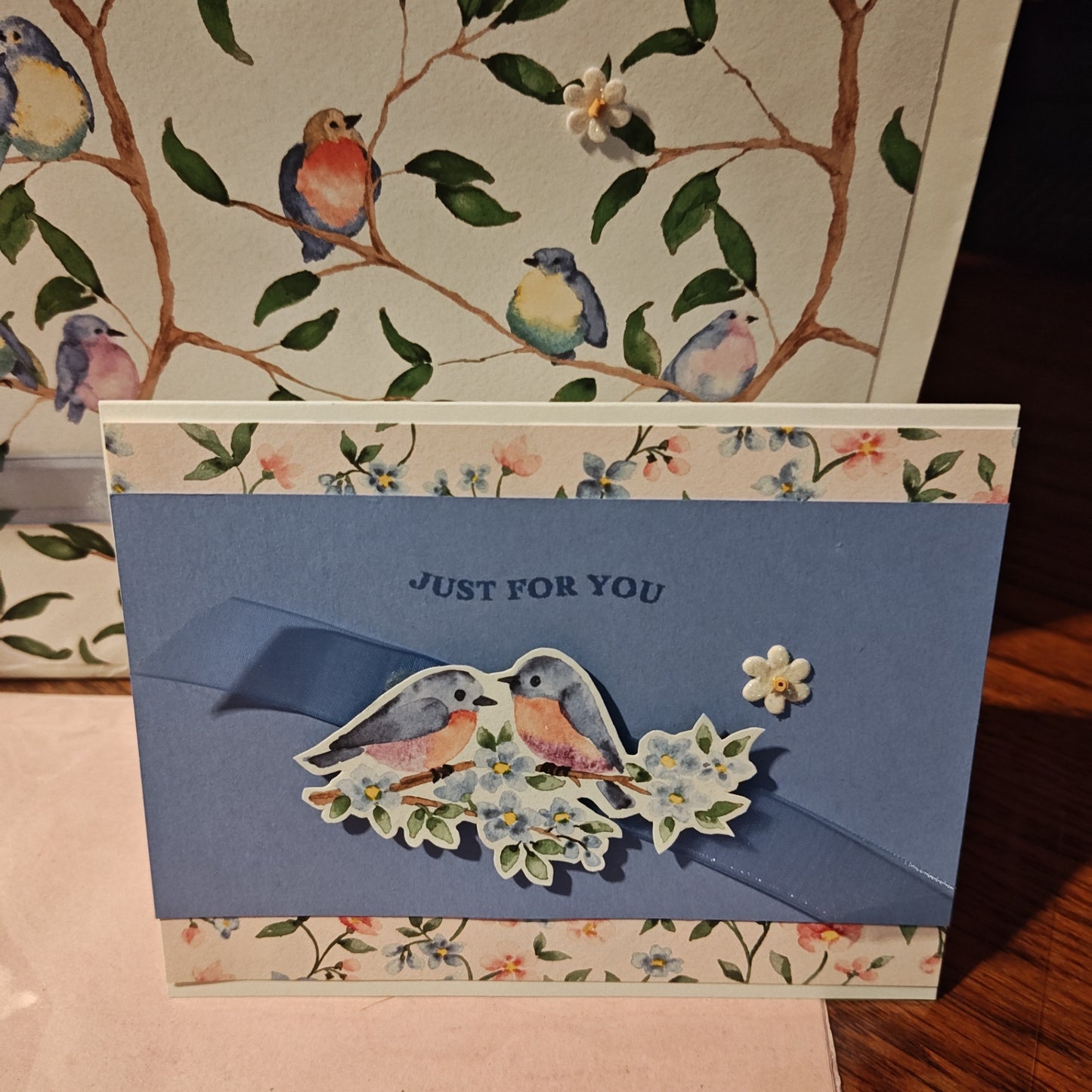 Handmade Gift Bag with Card - Birds with blue and pink - 13"x10"x4.5"