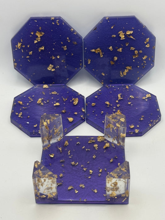 Resin Coaster set by Poured - Octagon - Purple W/ Gold flakes