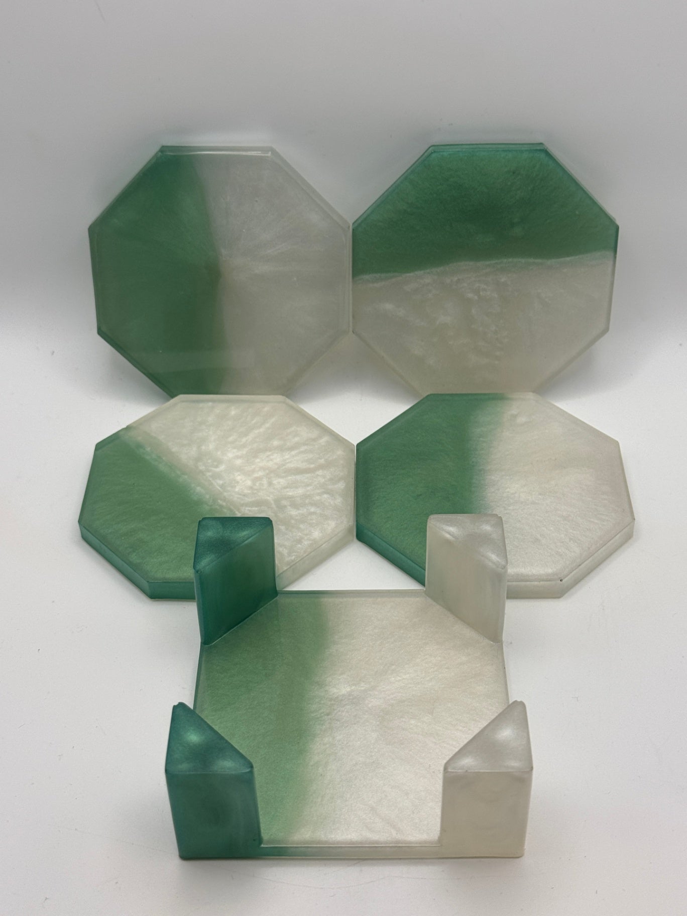 Resin Coaster set by Poured - Octagon - Green & White
