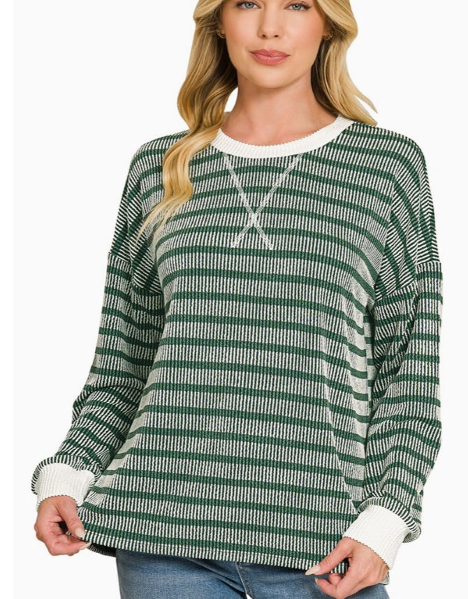 Rib striped Zenana Top - Green and White - Extra large