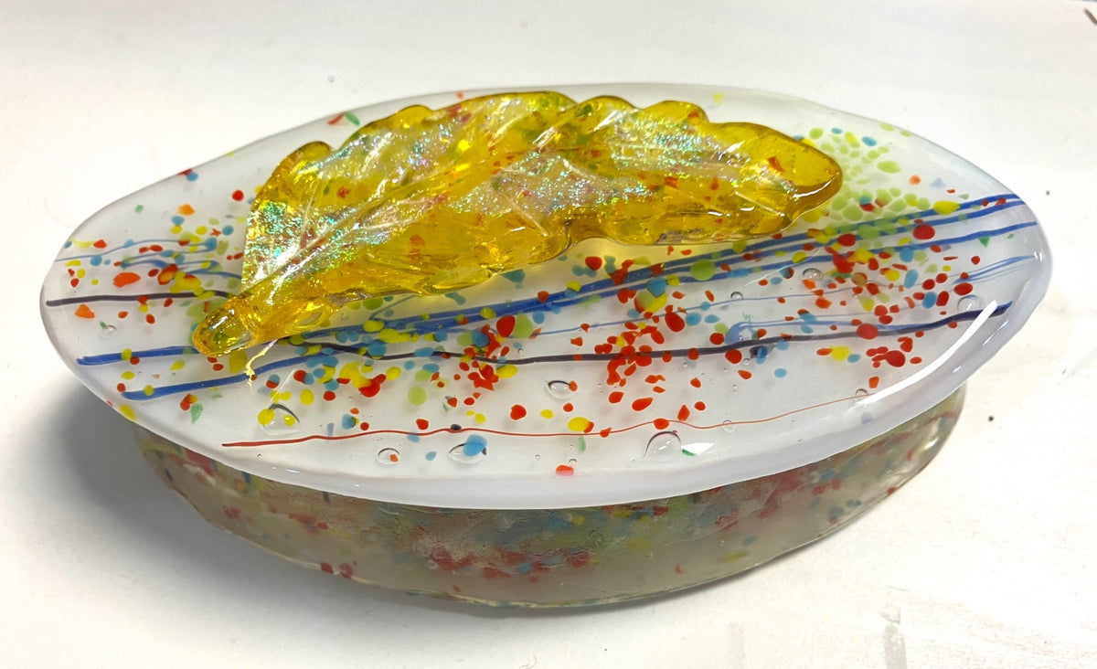 Beths glass creations Fused glass dish with cover - Clear with multicolored dots and yellow leaf -