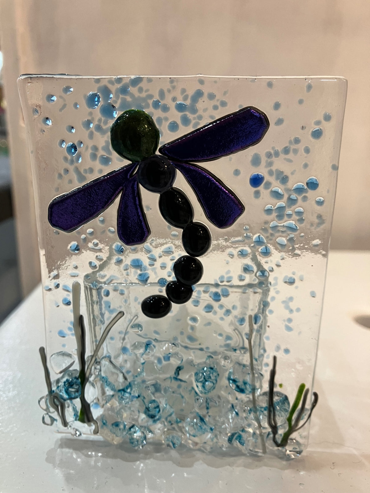 Beths glass creations Home Decor - Clear with blue accents and purple, green, black, and blue glass elements - N/A