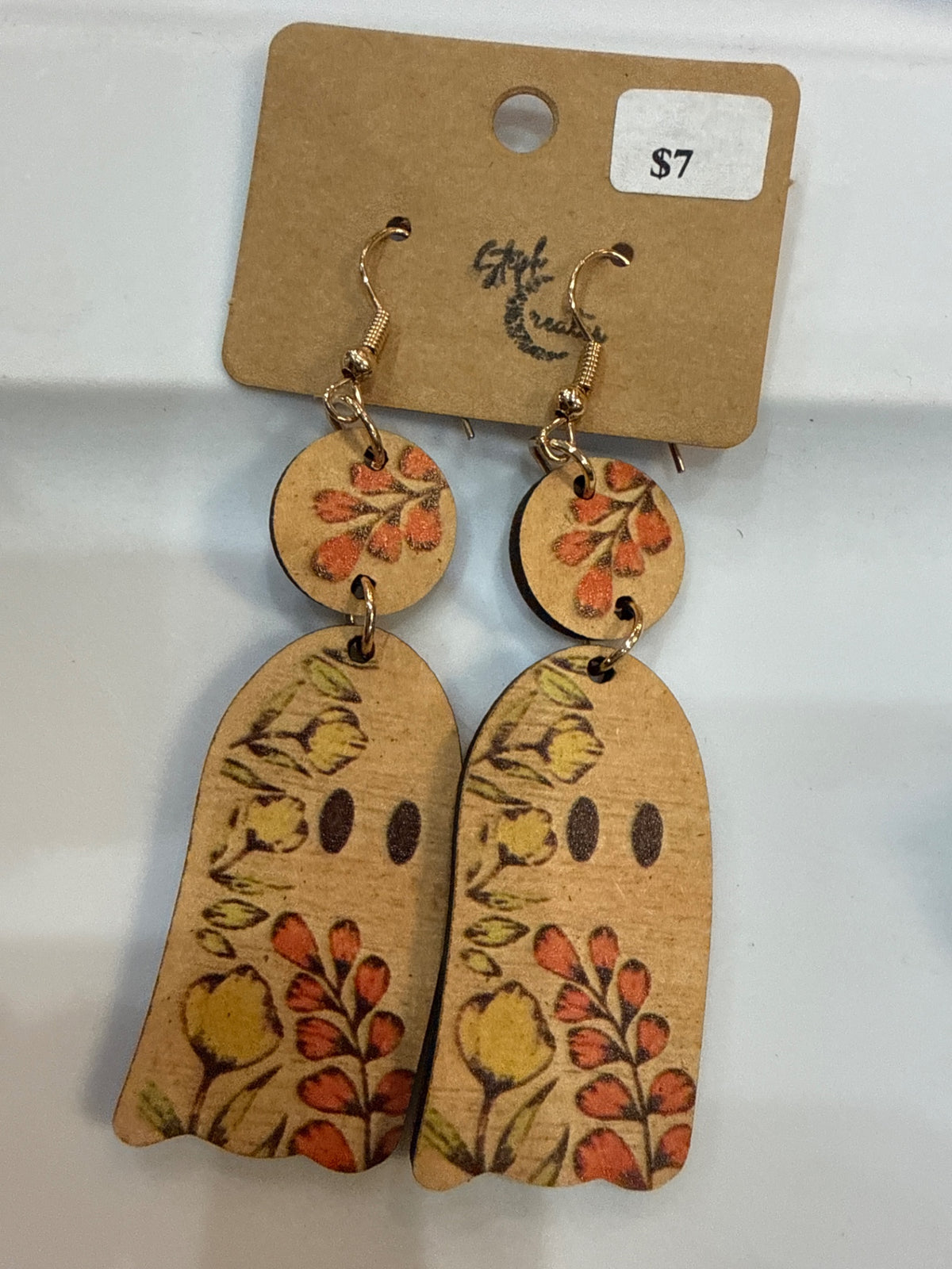 Jewelry/Earrings - Beige with floral design in orange, yellow, and green - Large