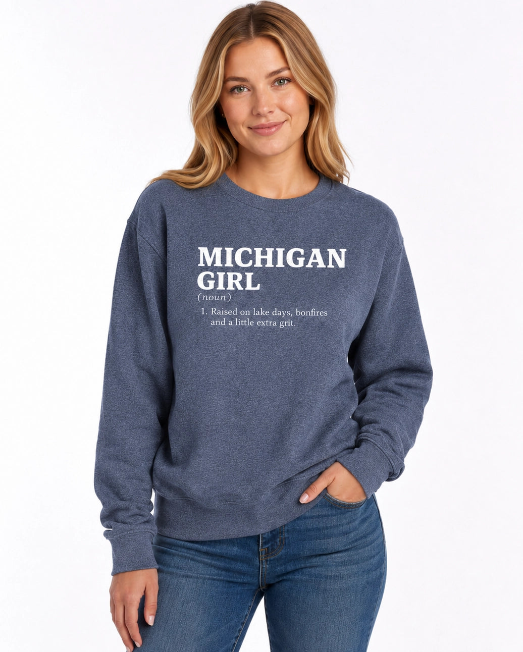 Michigan Girl Lake Days & Bonfires Crewneck Sweatshirt – Heather Navy - Small