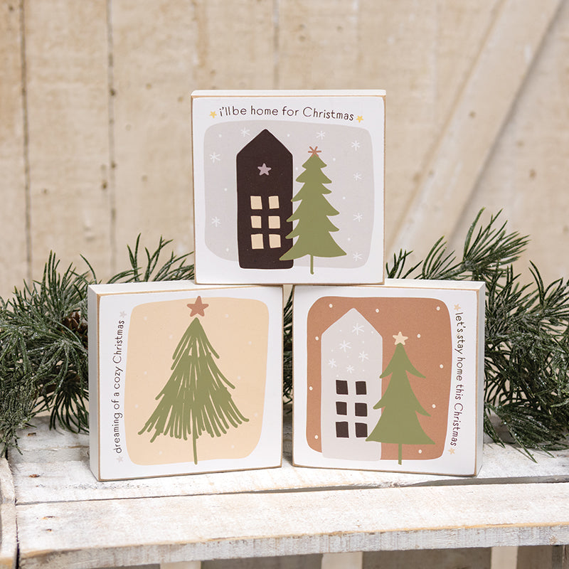 Home For Christmas 4" Square Box Sign - 3 Asstd.
