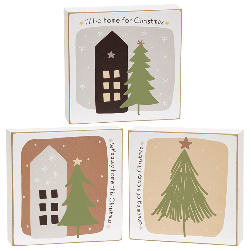 Home For Christmas 4" Square Box Sign - 3 Asstd.
