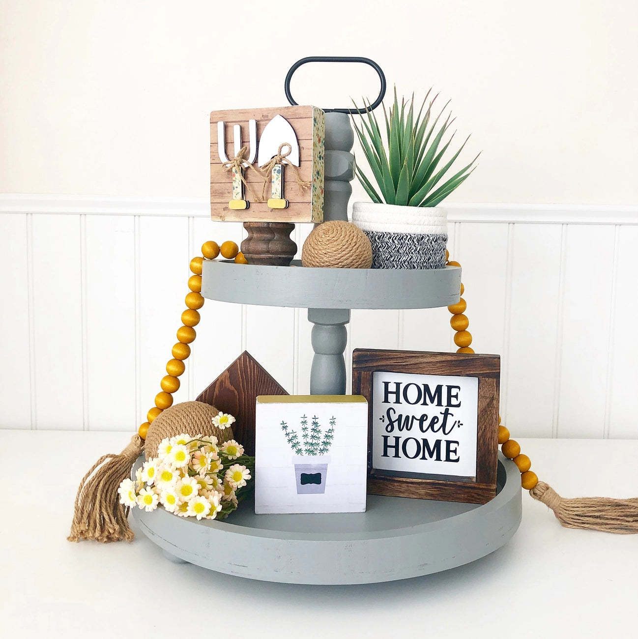 Foundations Decor Farmhouse Gray Round Tiered Tray – 15"