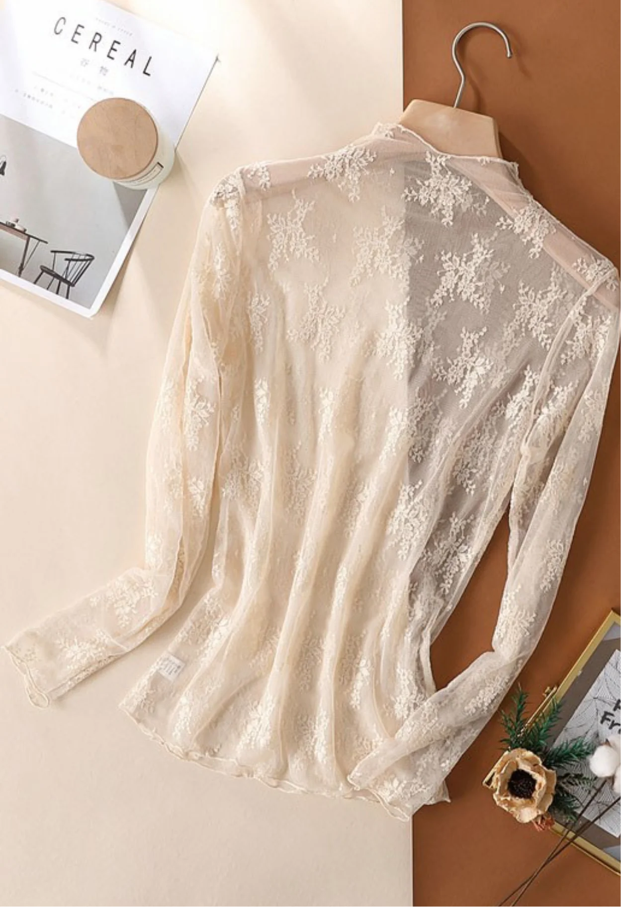 Sheer Lace High-Neck Top - Cream