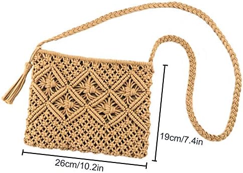Cotton Macrame Purse Bag | Hand-Woven Knitted Crossbody Shoulder Strap Zipper | Cute Fringe Boho Coin | Light Coffee